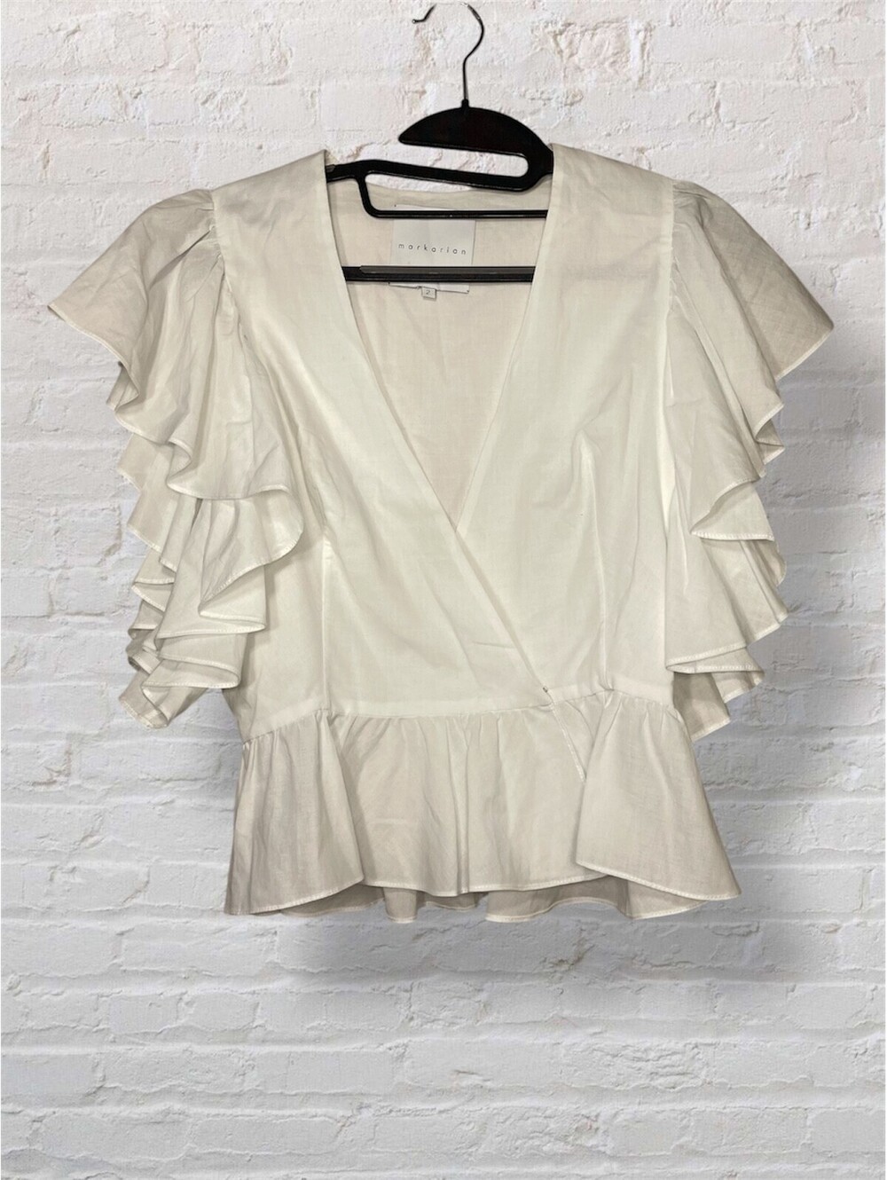 Markarian White Ruffled Wrap Peplum Top Luxury Bridal Shower